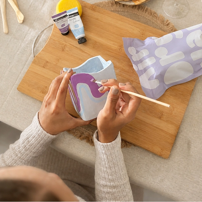 Painting an air dry clay pottery piece at home